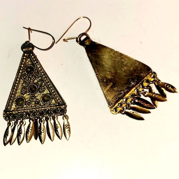 Vintage Brass with Green Stones Triangle Earrings Made in Israel - Picture 5 of 5